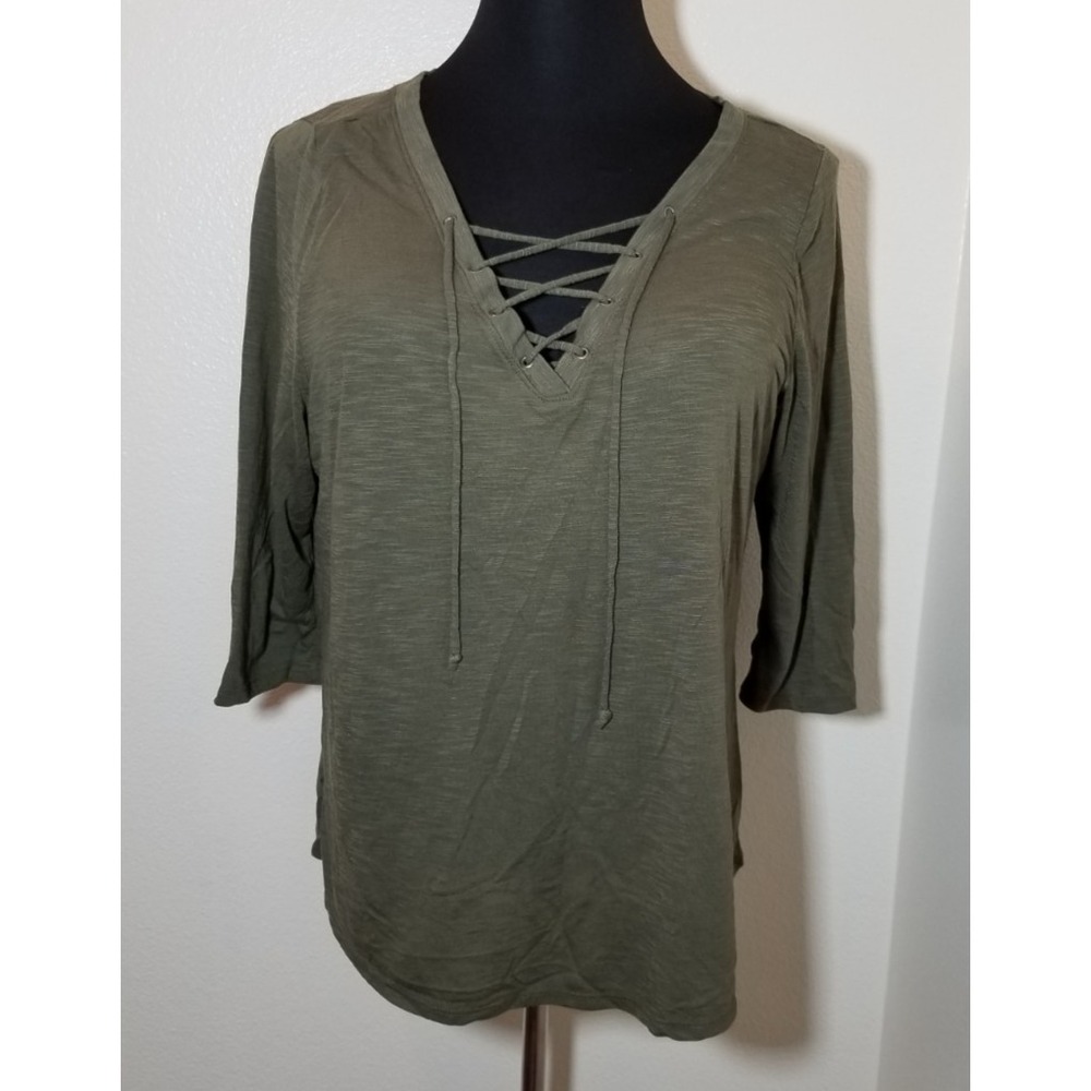 Lane Bryant Womens 18/20 Olive Green 3/4 Sleeve V-Neck Shirt Boho Hippie Cottage